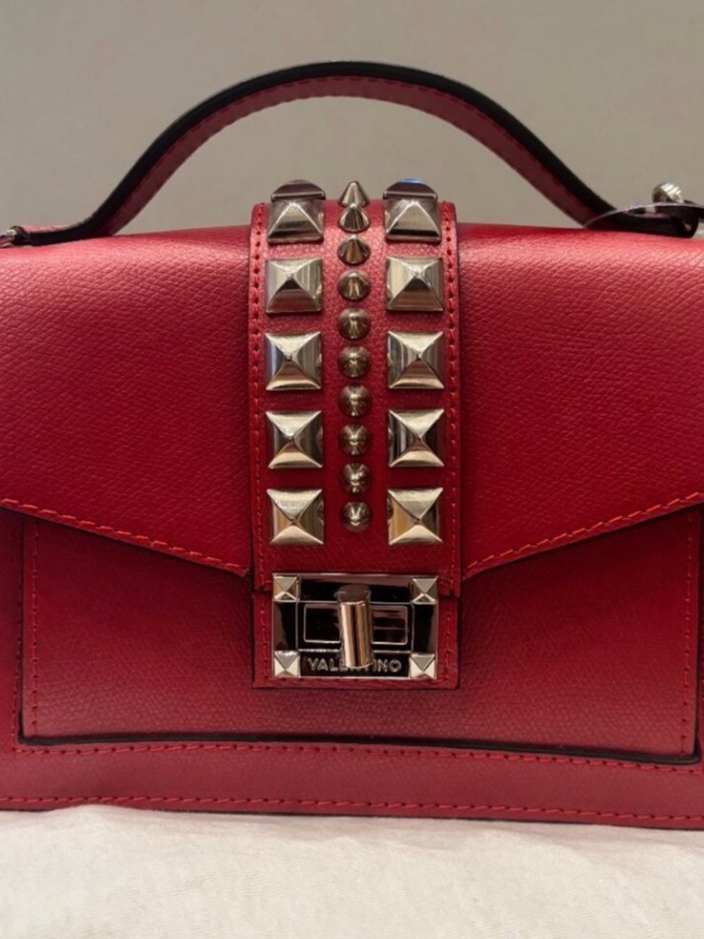 Valentino Red Leather Rockstud Satchel with Top Handle
